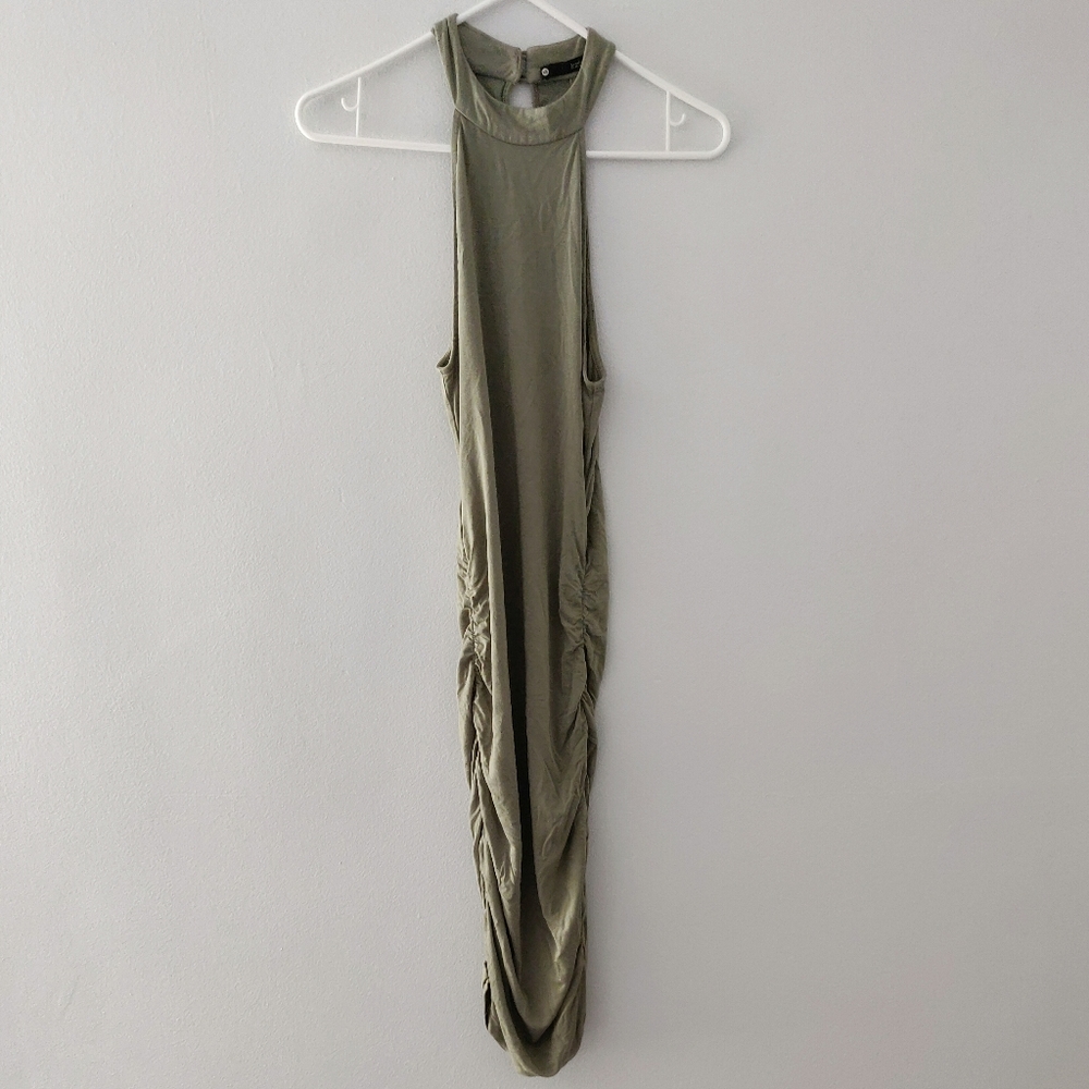 OLIVE GREEN MIDI RUCHED DRESS SIZE XS